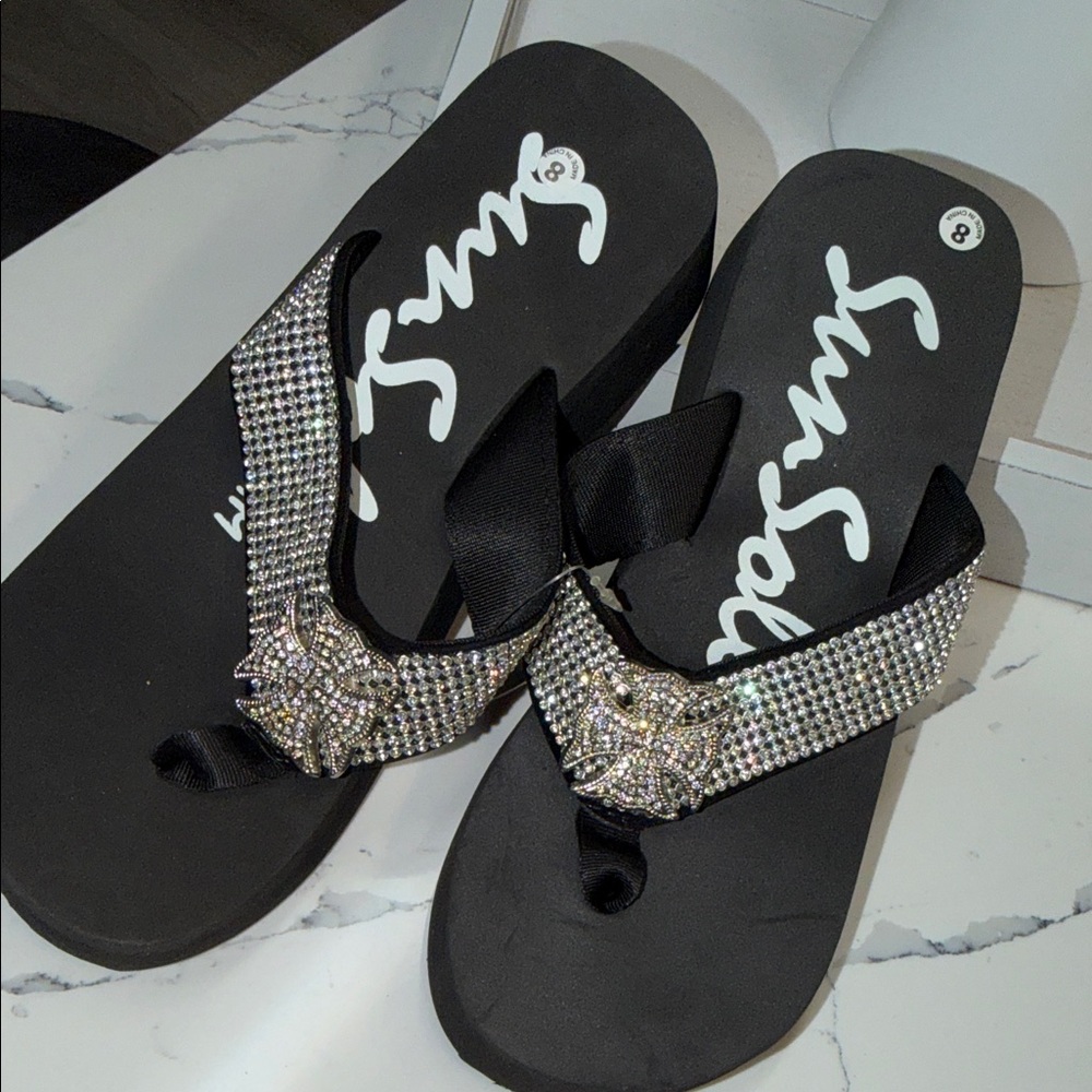 Embellished Black Rhinestone Thong Sandals - Women